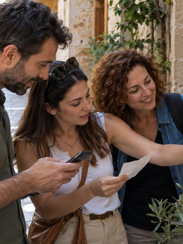A crew discovering clues together in a Cyprus old town