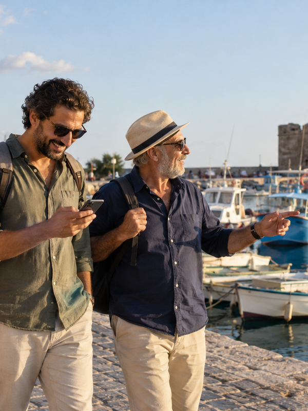 Friends exploring Paphos with a smartphone